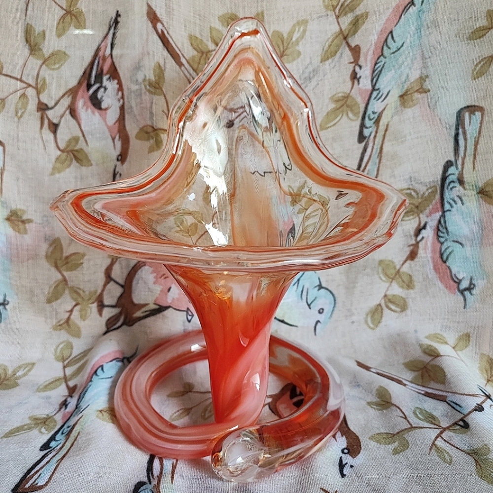 Jack In The Pulpit Blown Glass Swirled Orange Vintage Flower Vase Pontil Mark